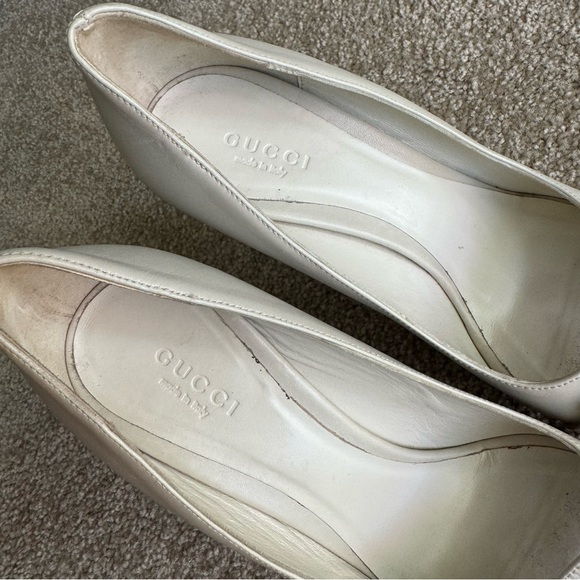 Gucci Horsebit Leather Peep Toe Stiletto Pumps Ivory Size 37 - Picture 8 of 14